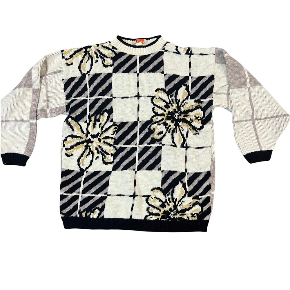 Vintage Spunky Floral Geometric Metallic‎ Knit Sweater Black White Made in USA
